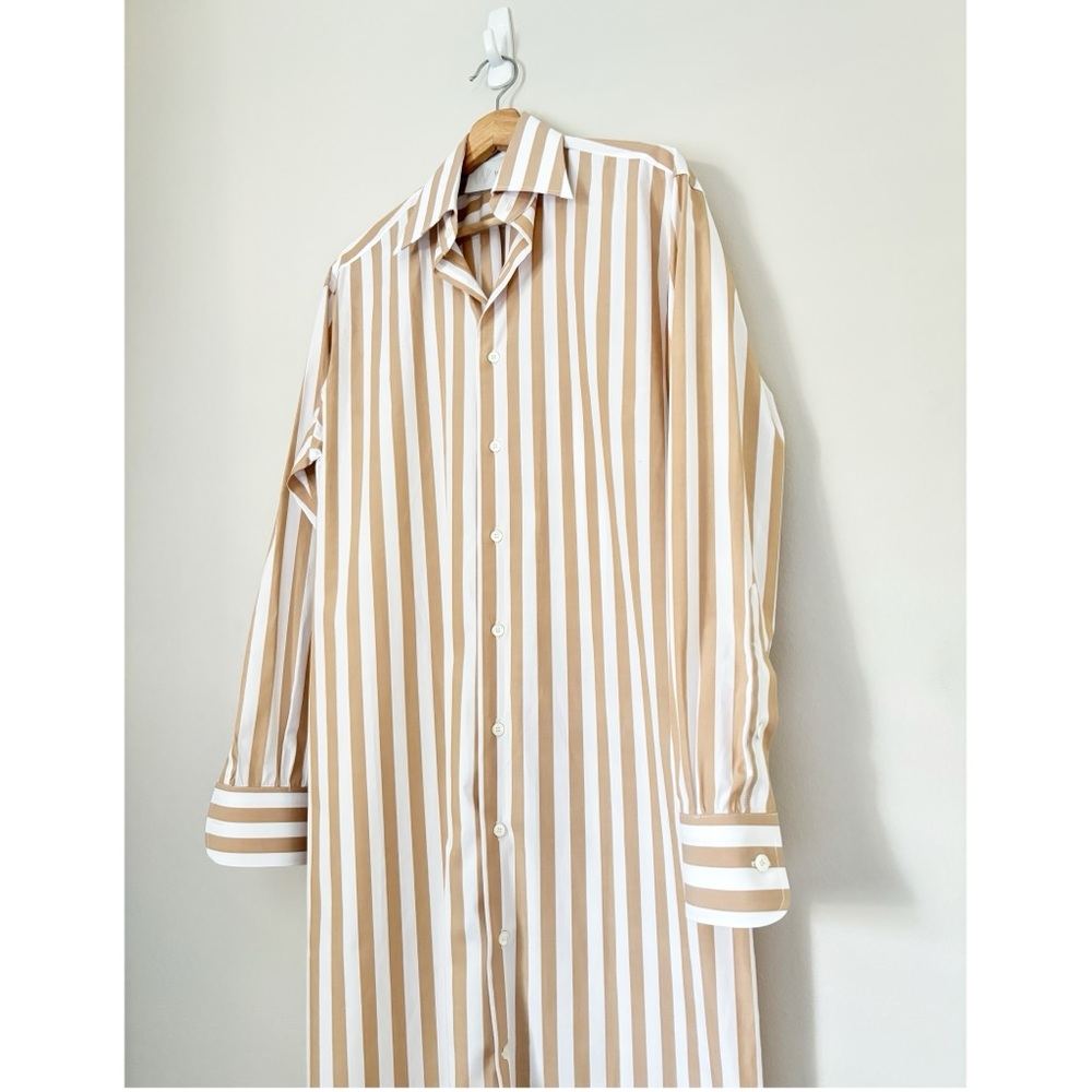 WOERA Striped Khaki Cotton Poplin Midi Shirt Dress